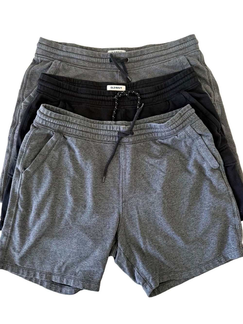 Old Navy 3 Pair Mens Fleece Shorts Drawstring Elastic Waist Pockets Black Gray L